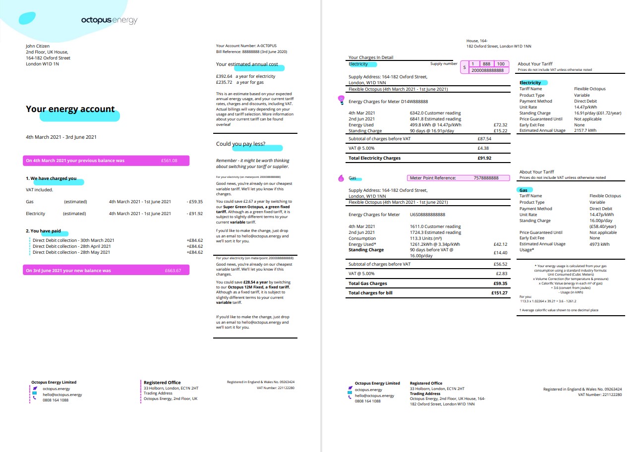 United Kingdom Octopus Energy utility bill template in Word and PDF format, 3 pages 1 2